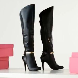 Fergie Black Over The Knee High Heel Faux Leather Boots